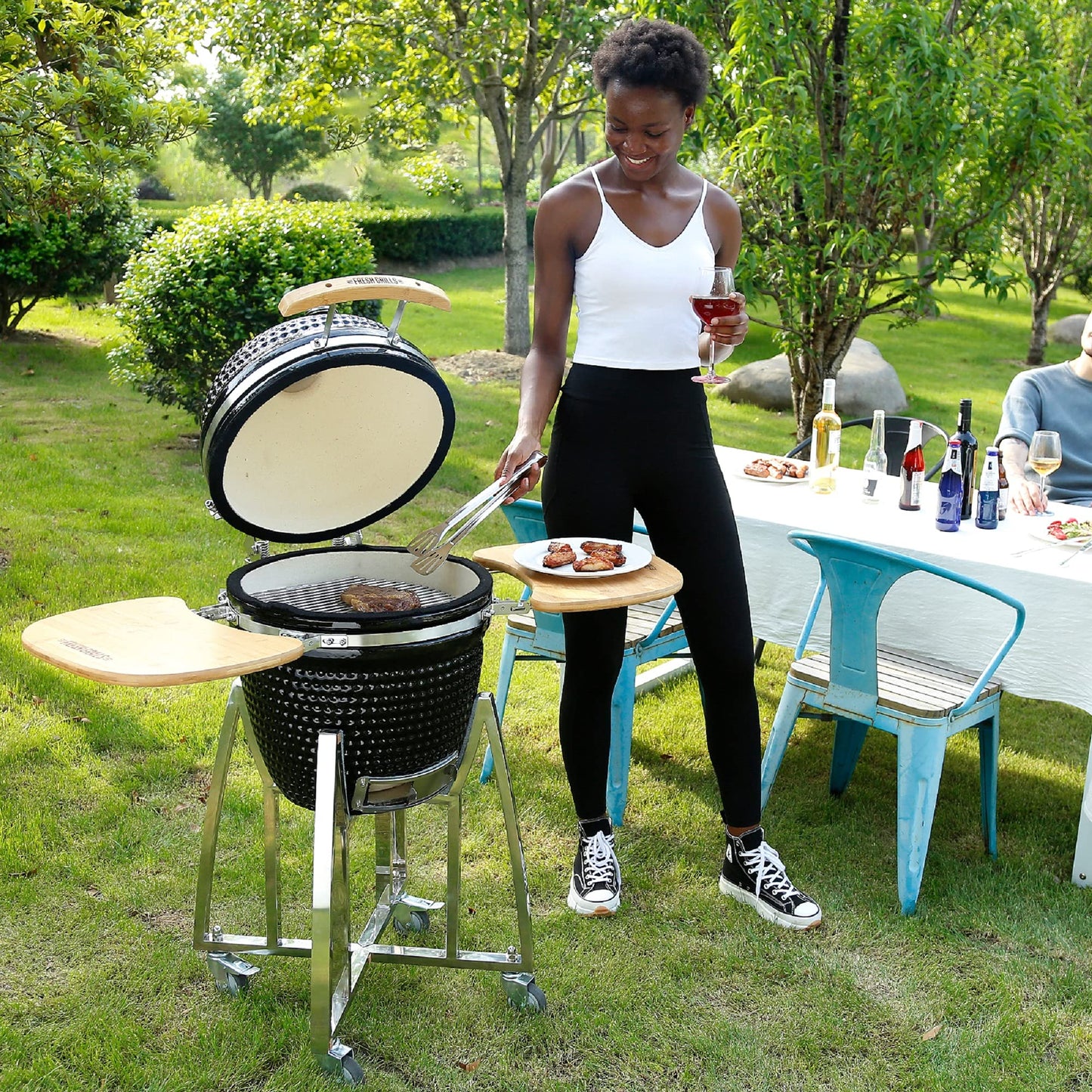 - Fresh Grills Ceramic BBQ Grill | Mini Kamado BBQ Oven | Barbecue Grill and Charcoal Smoker with Stand -