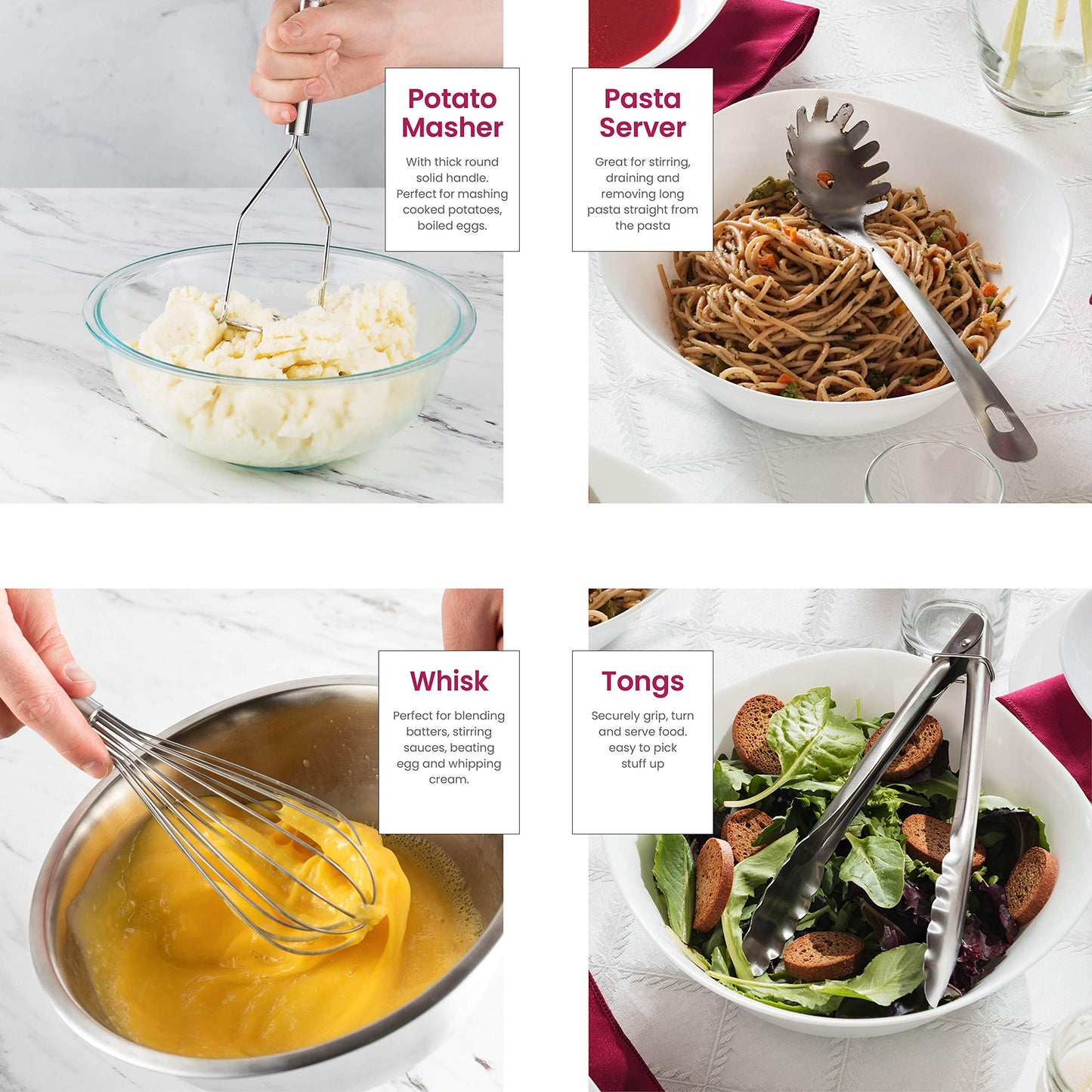 - FineDine Kitchen Utensils Set | 10-Piece | Stainless-Steel Cooking Utensils w/Spoons -