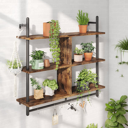 Bestier 3 Tier Floating Pipe Shelving 115CM Industrial Wall Mounted Ladder Shelf Hanging with Circular Tube with Hooks Wood Display Storage Home Decor Book Shelves for Living Room Kitchen Balcony