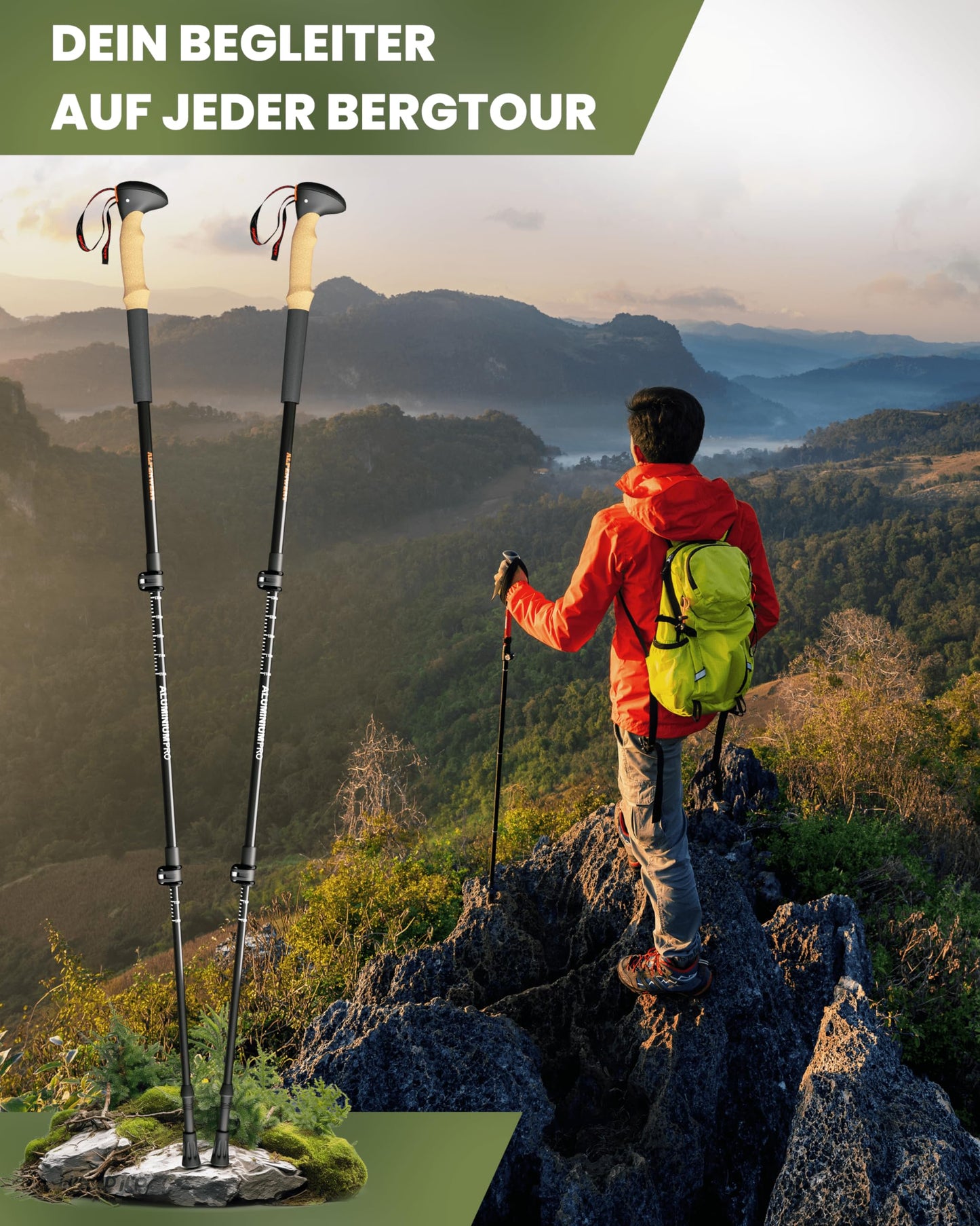 ALPENWERT Hiking Poles [Carbon & Aluminium] Walking Poles for Men and Women - Telescopic Trekking Poles with Cork Handle for Hiking, Nordic Walking and Ski Touring (Aluminium)