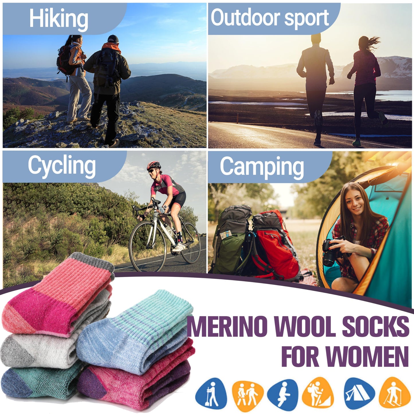 Anlisim Merino Wool Hiking Walking Thermal Socks for Women Winter Warm Boot Work Cushion Crew Socks 5 Pairs Gift Stocking Fillers(Assorted Stripes,M)
