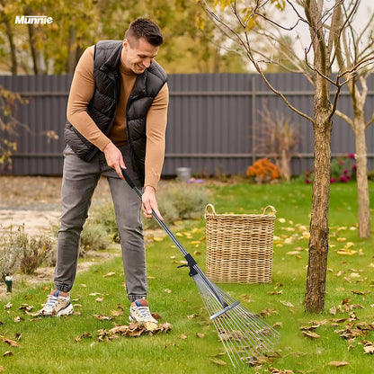 - Munnie 38-63 inch Garden Rake | Adjustable Soil Rake with 25 tines | Moss Rake for Quick Clean Up -