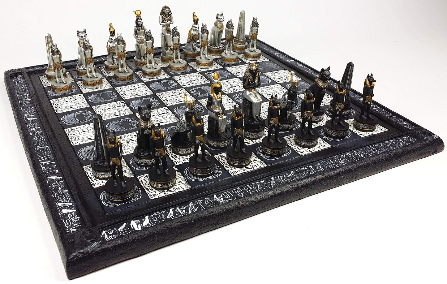 - HPL Egyptian Anubis Chess Set Black Silver and Gold Men | 16" Hieroglyphic Board -