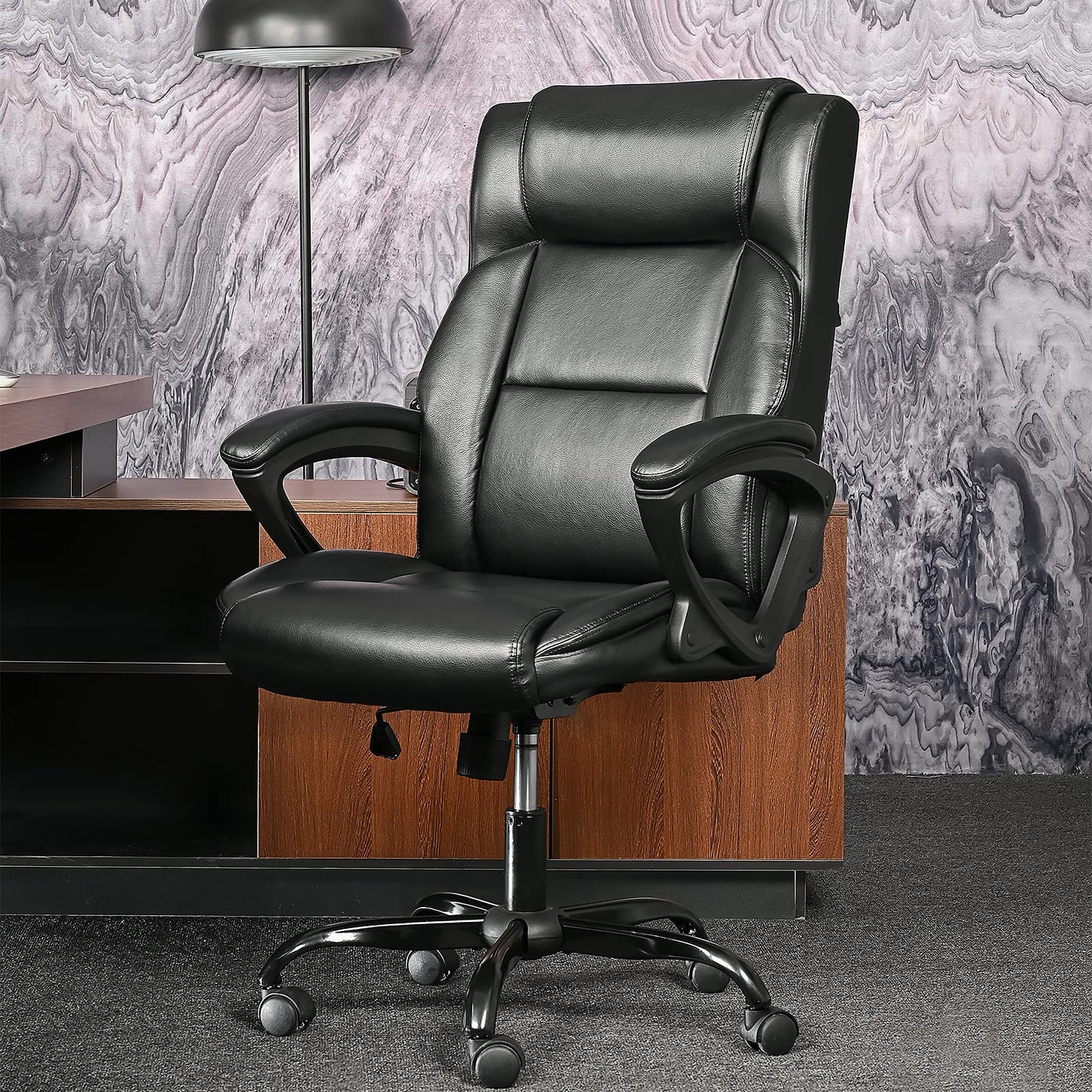 BASETBL Executive Office Chair, High Back Ergonomic Chairs with Padded Cushion, Heavy Duty PU Leather Chairs with Height Adjustable and Soft Armrest Reinforced Comfortable Desk Chair-Black New