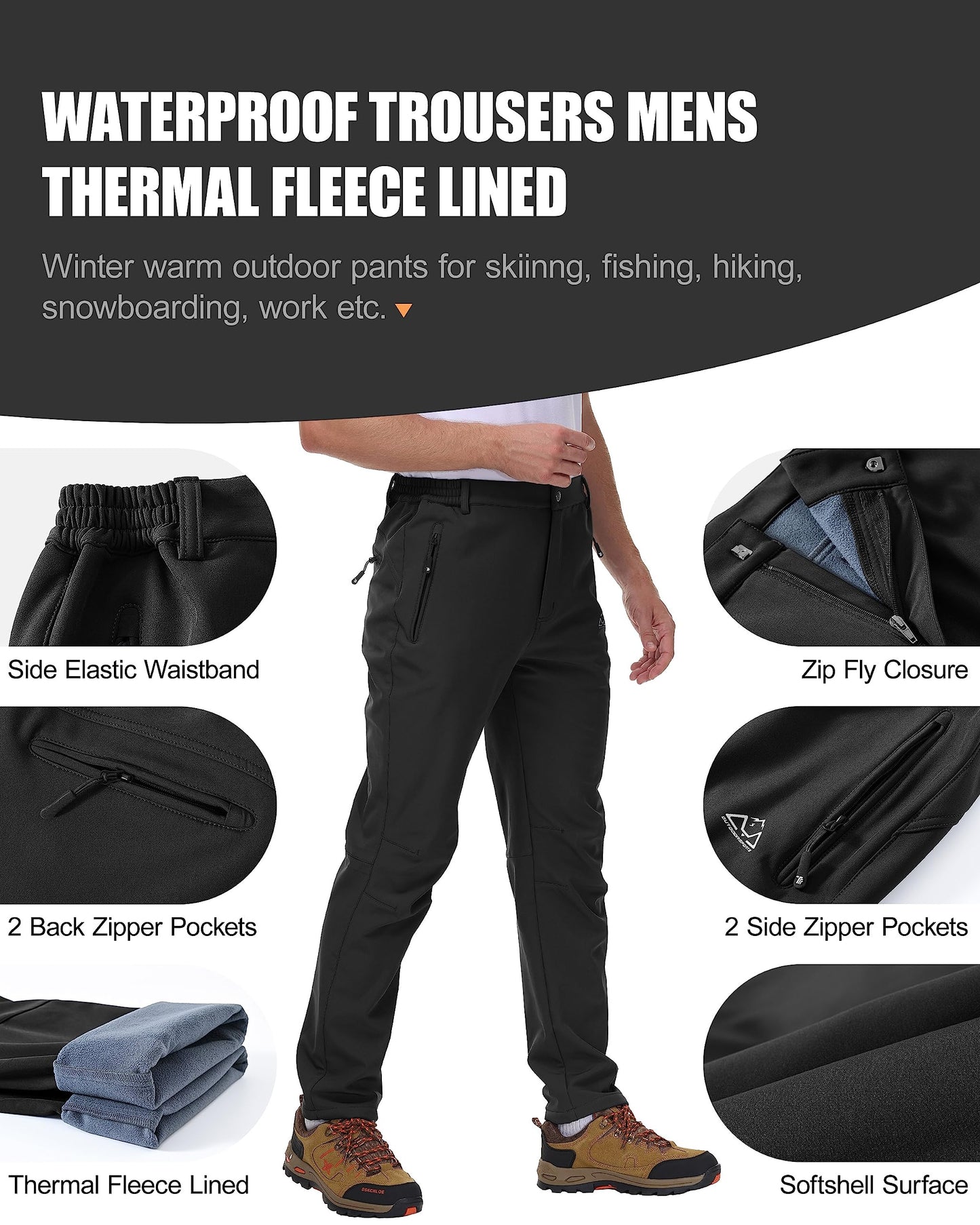 - Rdruko Mens Waterproof Softshell Trousers | Thermal Fleece Lined -