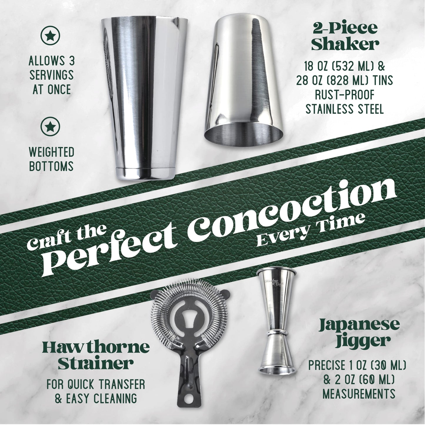 Cocktail Shaker Boston Shaker Set: Professional Weighted Martini Shakers, Cocktail Strainer and Japanese Jigger | Portable Bar Shaker Set for Drink Mixer Bartending | Exclusive Recipes Cards (Silver)