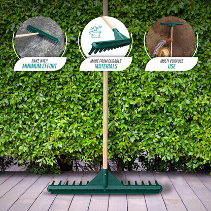 70cm Large Garden Rake with Long Wooden Handle, 16-Teeth Durable Plastic Rake with a Built-in Flat Piece for Soil Leveling, Traditional Grass Rake for Leaves, and Lawn Rake for Gardening & Landscaping
