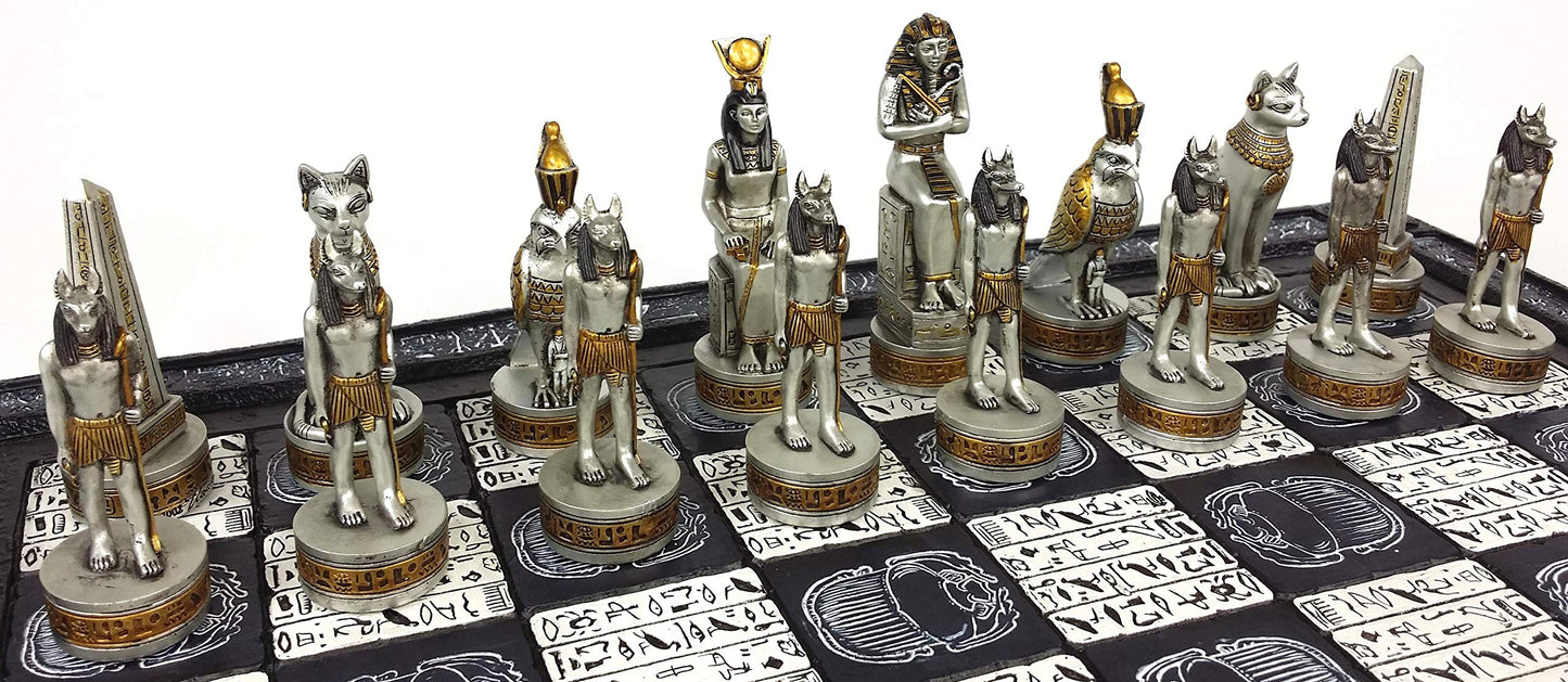- HPL Egyptian Anubis Chess Set Black Silver and Gold Men | 16" Hieroglyphic Board -
