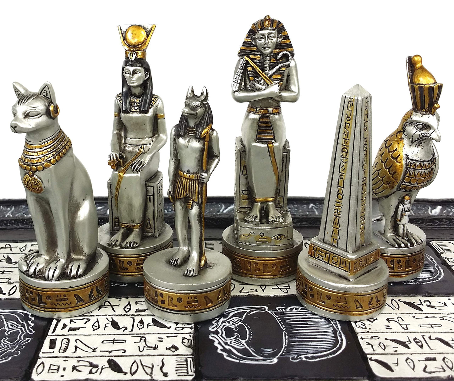 - HPL Egyptian Anubis Chess Set Black Silver and Gold Men | 16" Hieroglyphic Board -