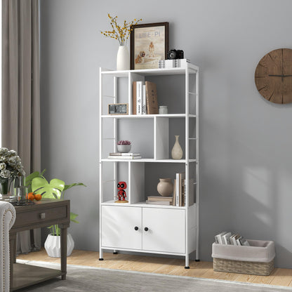 4 Tier Bookcase, Large Steel Frame Bookcase Wooden Cube Shelves Tall Storage Shelf Cupboard Organizer Display Industrial Style Free Standing Unit for Living Room, Office (White, 4 Tier with 2 Doors)