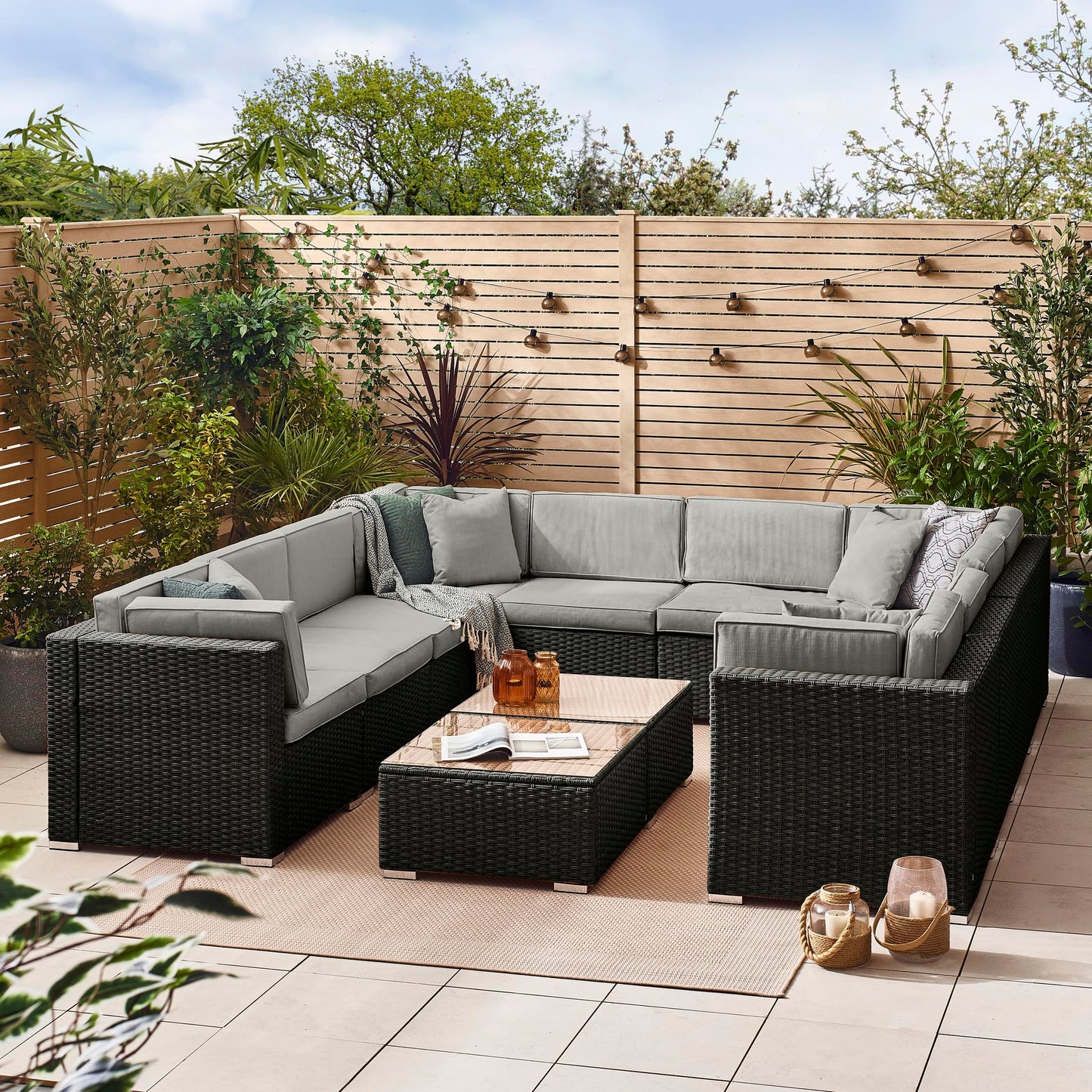 - Furniturebox UK | Orlando 10 Seat Modular Outdoor Garden Sofa | Black Rattan Garden Sofa With Grey Cushions -