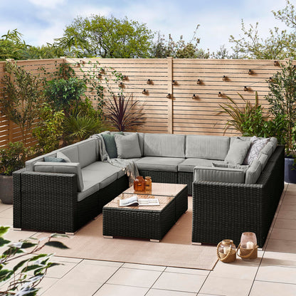 - Furniturebox UK | Orlando 10 Seat Modular Outdoor Garden Sofa | Black Rattan Garden Sofa With Grey Cushions -