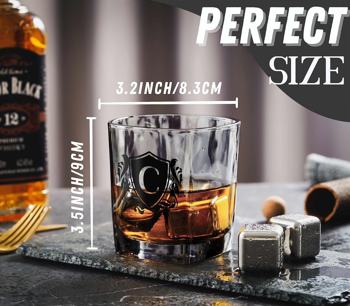 - Whisky Gifts for Men, Personalized Initial Whiskey Glass with Whiskey Stones for Dad