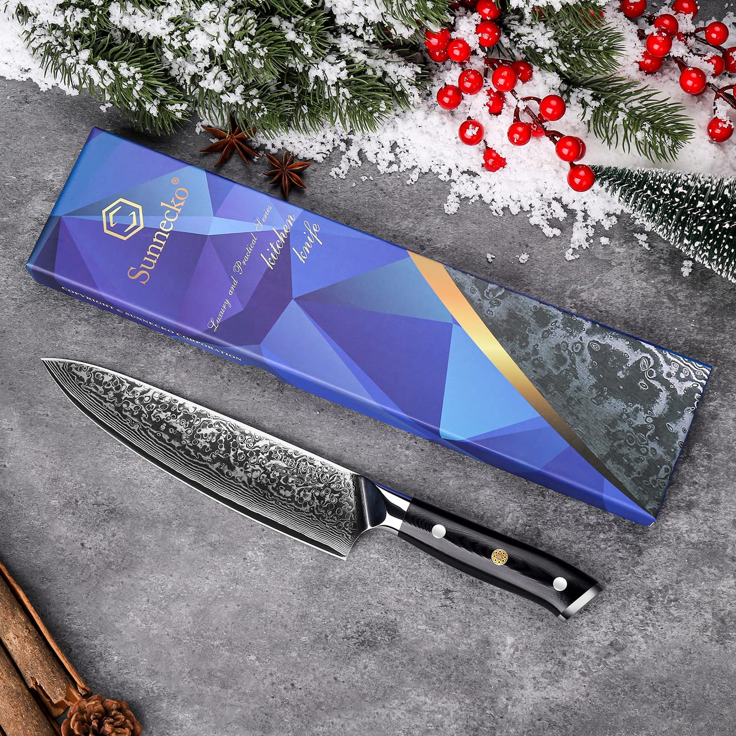 - Sunnecko Chef Knife 8 inch | Kitchen Knife with 73-Layer | VG10 Damascus Steel Sharp -