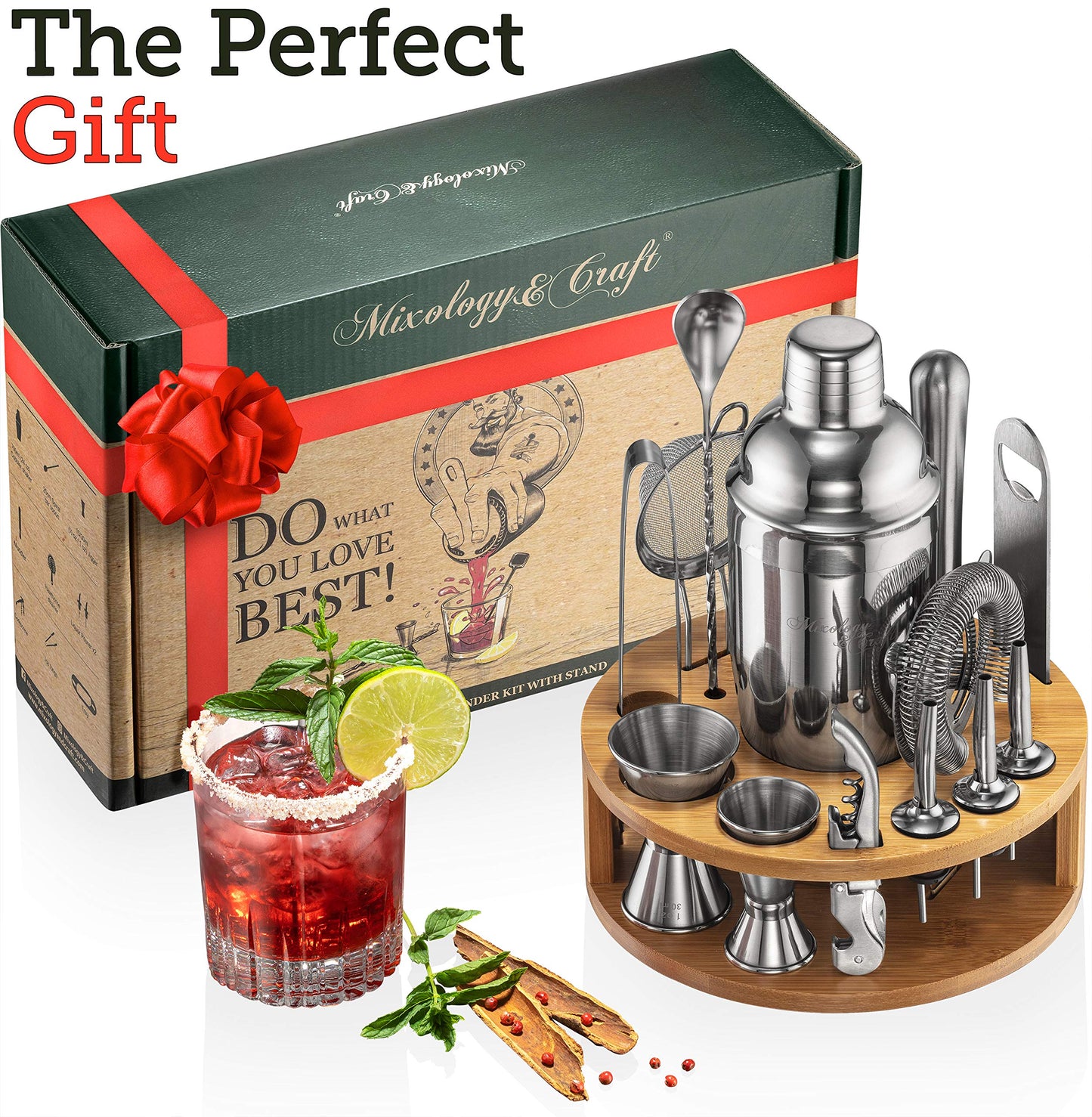 - Mixology & Craft Cocktail Shaker Set -| 15-Piece Cocktail Making Set w/Bamboo Stand -