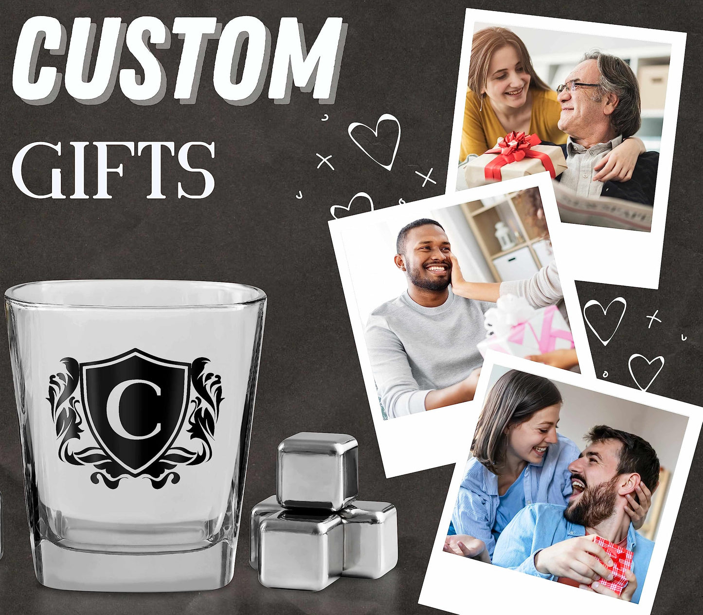 - Whisky Gifts for Men, Personalized Initial Whiskey Glass with Whiskey Stones for Dad