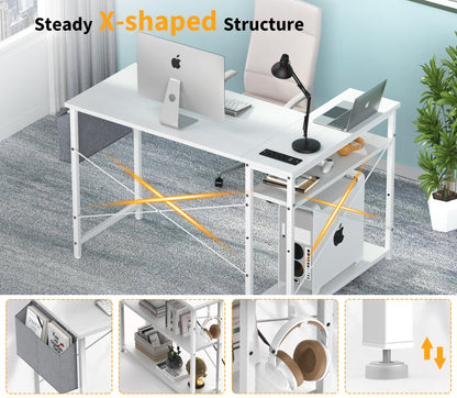 - Yornoli L Shaped Computer Desk with Power Outlet, 118CM Corner Office Desk for Small Spaces with Storage Shelves, Study Work Writing Table for Home Office Bedroom, Snow White