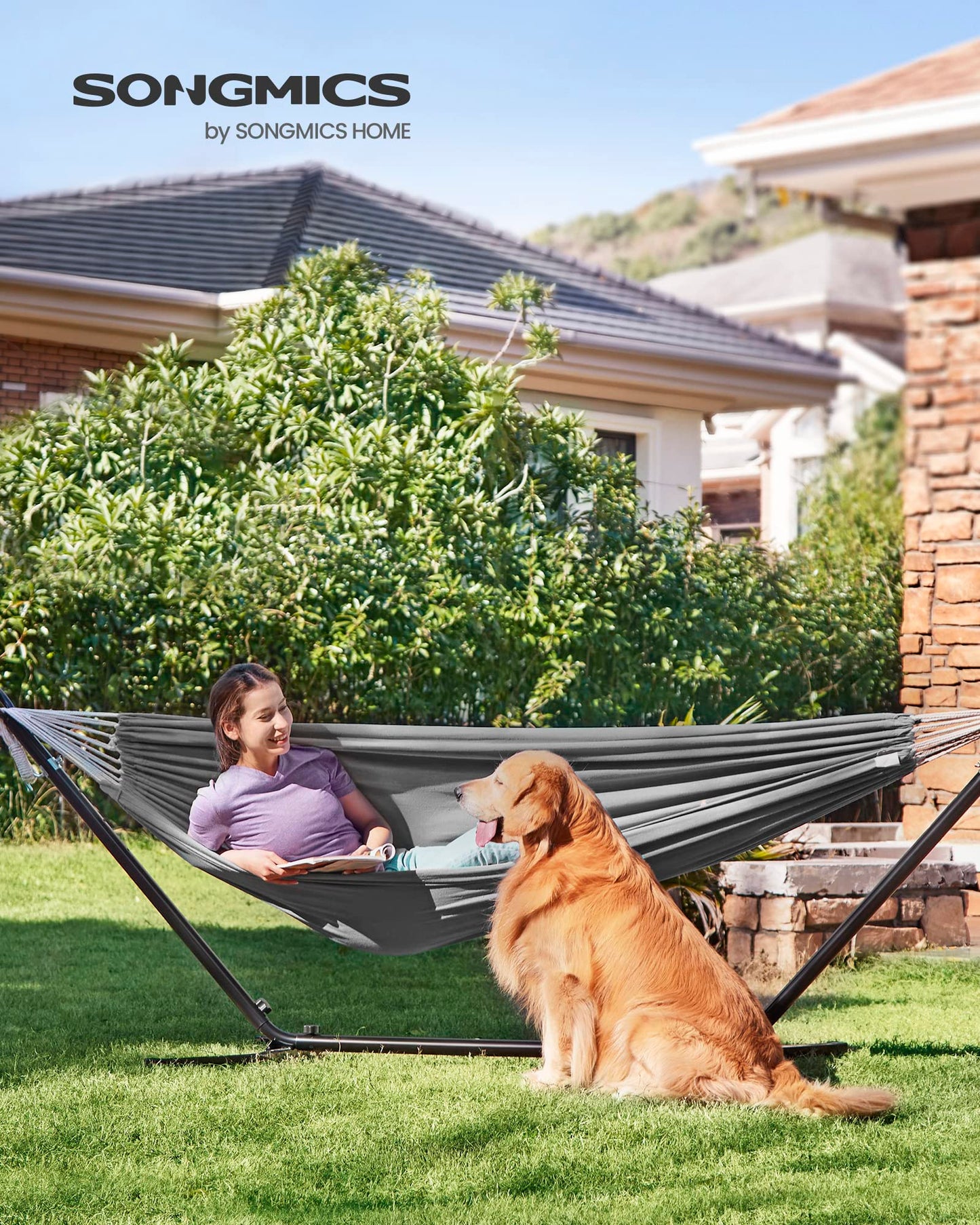 - SONGMICS Hammock with Stand | 210 x 150 cm Hammock | 5 Adjustable Heights | Portable Hammock with Metal Frame |  240 kg Load Capacity | Grey GHS001G01 -
