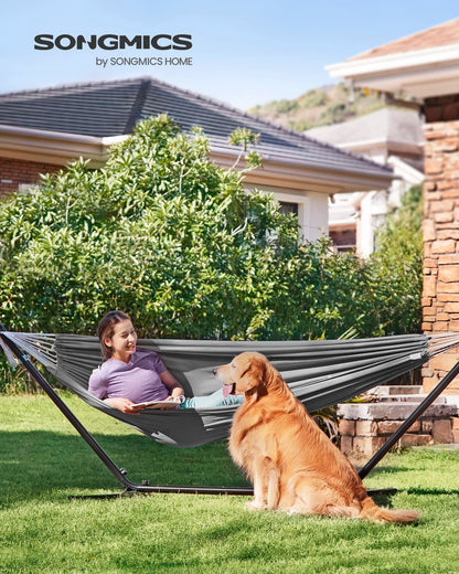 - SONGMICS Hammock with Stand | 210 x 150 cm Hammock | 5 Adjustable Heights | Portable Hammock with Metal Frame |  240 kg Load Capacity | Grey GHS001G01 -
