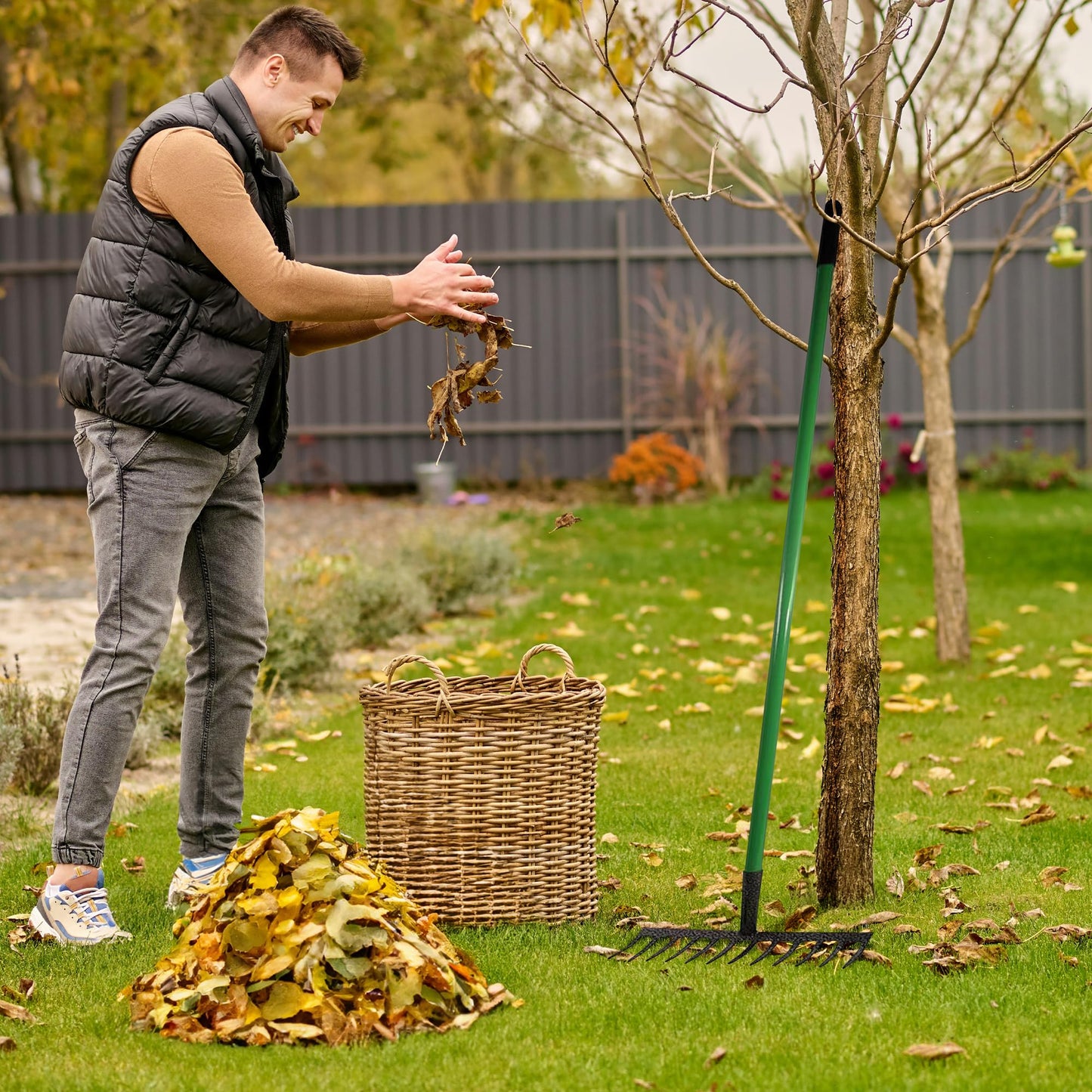 12 Tooth Lawn Rake - Shaft Garden Handle Leaf Metal Head Carbon Steel Heavy Duty | Garden Hand Tool | for Raking, Weed Removal and for Working the Soil