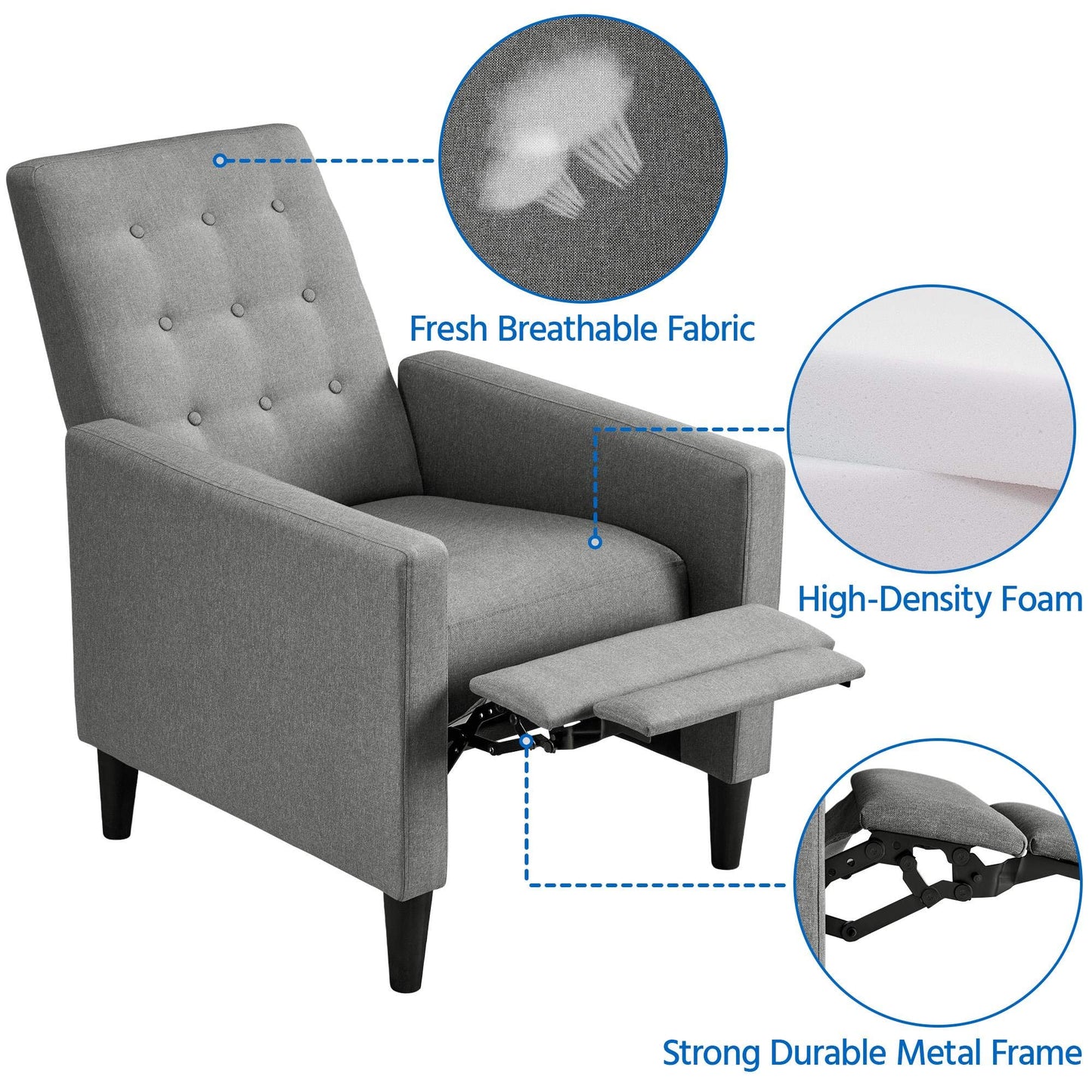 - Yaheetech Grey Modern Recliner Chair Adjustable Reclining Armchair Upholstered Sofa Couch.