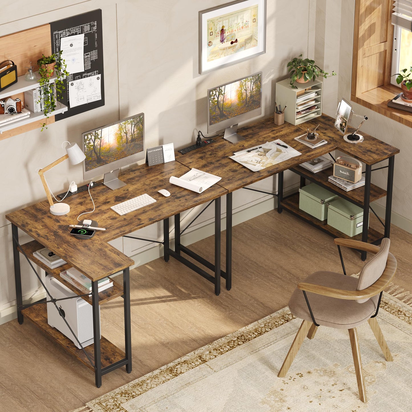 Bestier 120 x 90CM Wider Desktop L Shaped Desk with Power Outlets Small Corner Desk with Shelves Reversible Computer Desk Writing Table with Bookshelf for Home Office Small Space