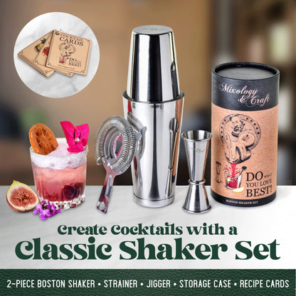 Cocktail Shaker Boston Shaker Set: Professional Weighted Martini Shakers, Cocktail Strainer and Japanese Jigger | Portable Bar Shaker Set for Drink Mixer Bartending | Exclusive Recipes Cards (Silver)