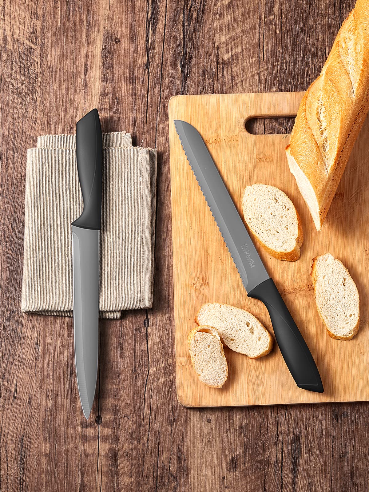 D.Perlla Knife Set with Block, 15 Pieces Kitchen Knife Set, Non Stick Black Colour Coating Stainless Steel Blade Knife Set, No Rust, Sharp Knife Block Set