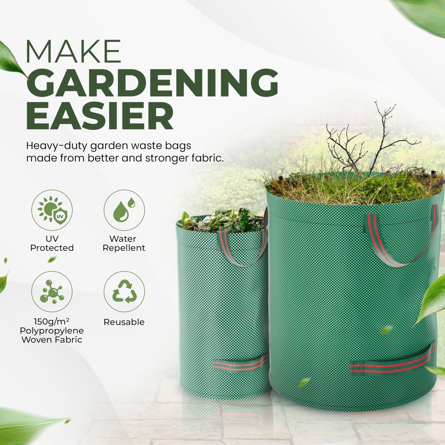 - DIKOTS Garden waste bags heavy duty | 272L Pack of 2 reusable garden bags -
