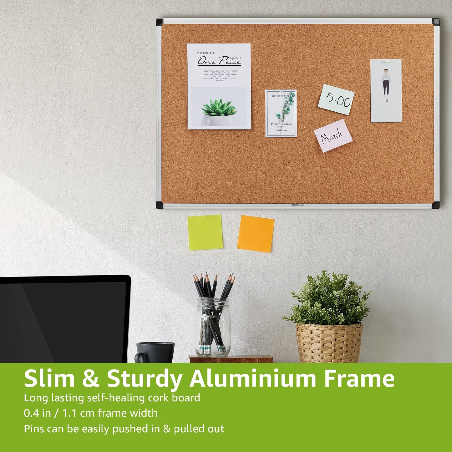 Amazon Basics Aluminum Frame Cork Notice Rectangular Board, 90cm x 60cm, Silver