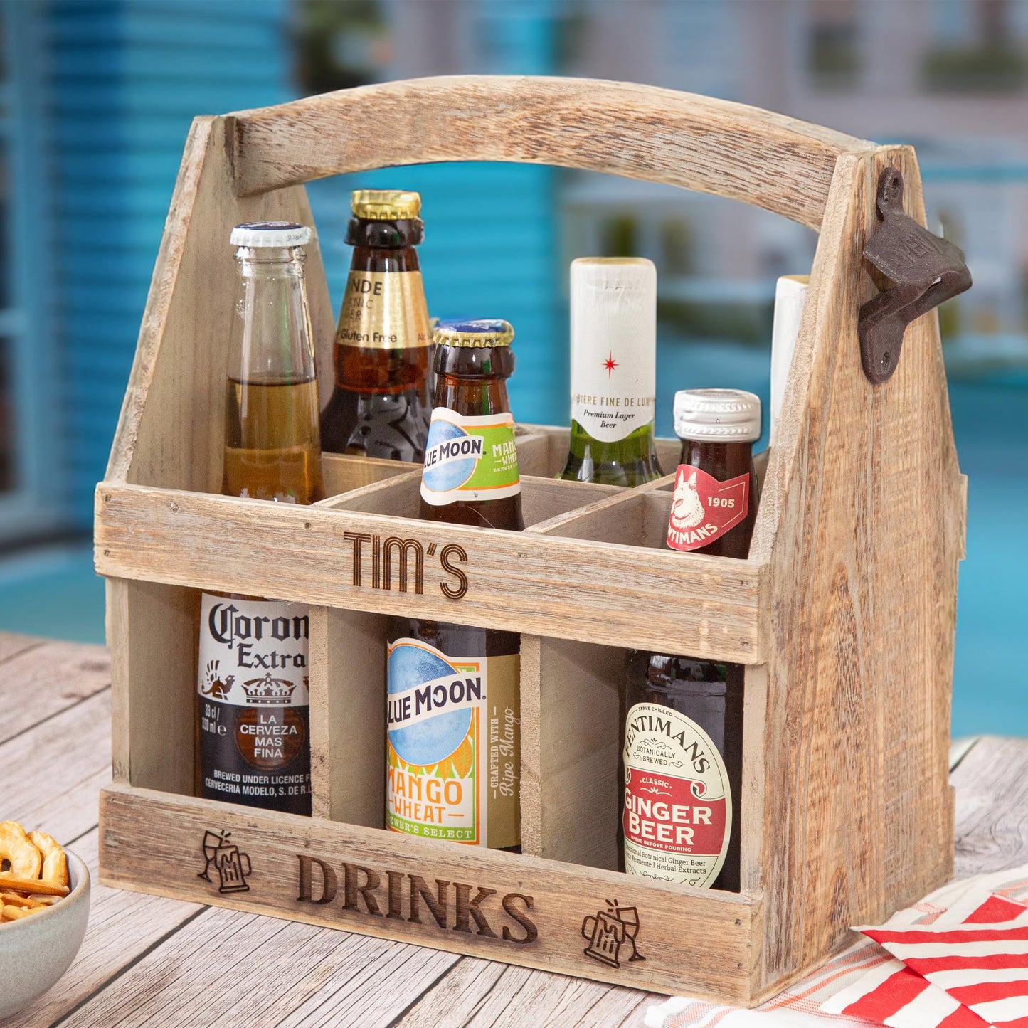 - Personalized Wooden Oak Beer Caddy | 6 Bottle Holder with Built-in Opener | Ideal Beer & Wine Gift Carrier -