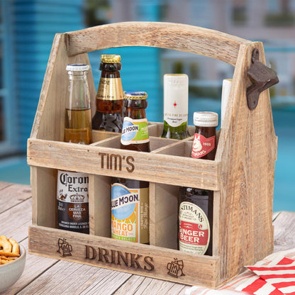 - Personalized Wooden Oak Beer Caddy | 6 Bottle Holder with Built-in Opener | Ideal Beer & Wine Gift Carrier -