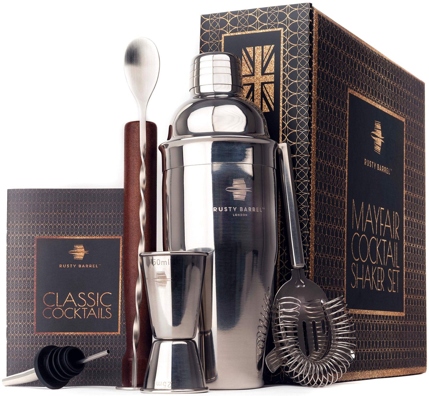 - Rusty Barrel Mayfair Original Cocktail Shaker Set | Complete Cocktail Making Set -