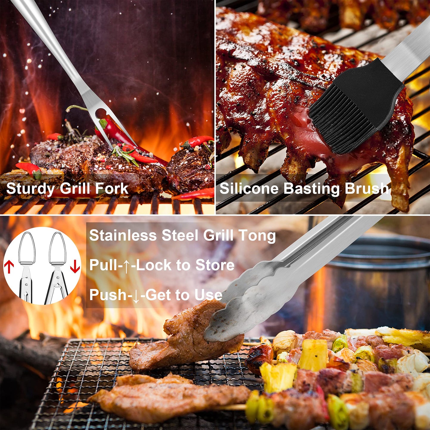 - Herogo BBQ Tool Sets | 6 Piece Heavy Duty Stainless Steel Barbecue Accessories with Portable Bag -