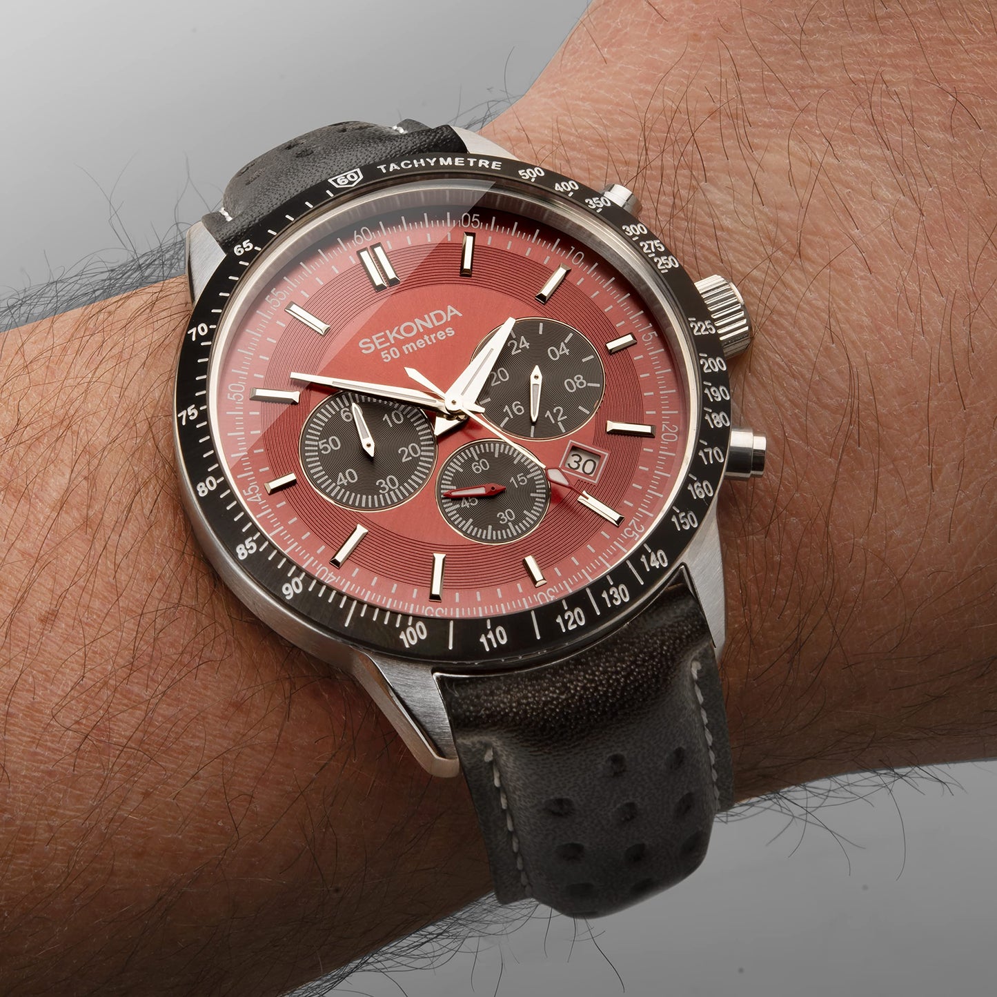 - Sekonda Men's Chronograph Watch | Red Dial | Black Leather Strap 1938 -