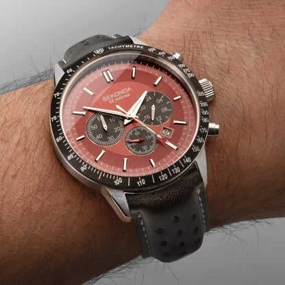 - Sekonda Men's Chronograph Watch | Red Dial | Black Leather Strap 1938 -