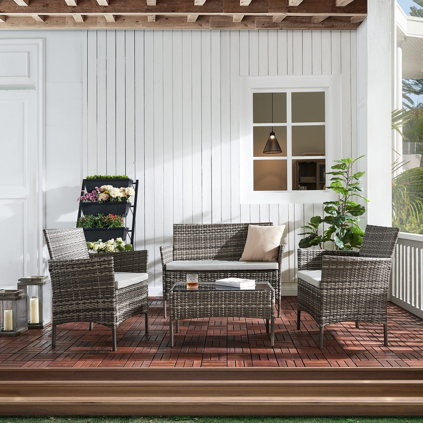 - TMEE Rattan Garden Outdoor Furniture Set | 4 Seaters Patio Conversation -