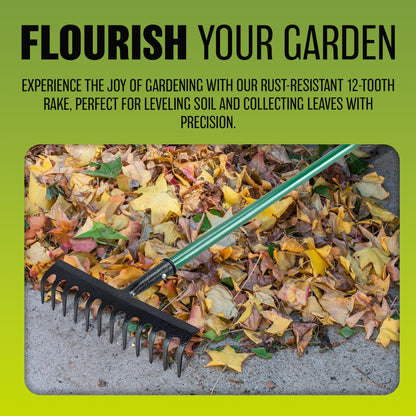 12 Tooth Lawn Rake - Shaft Garden Handle Leaf Metal Head Carbon Steel Heavy Duty | Garden Hand Tool | for Raking, Weed Removal and for Working the Soil