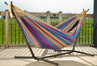 - Vivere UHSDO8-20 Double Cotton Hammock with Space-Saving Steel Stand Including Carrying Bag, Tropical -