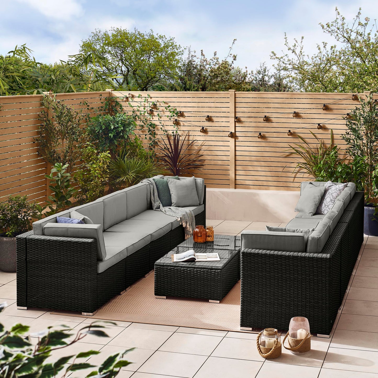 - Furniturebox UK | Orlando 10 Seat Modular Outdoor Garden Sofa | Black Rattan Garden Sofa With Grey Cushions -