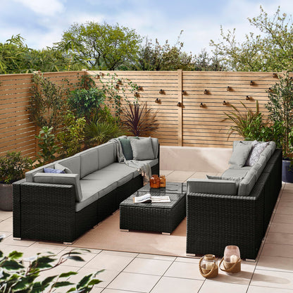 - Furniturebox UK | Orlando 10 Seat Modular Outdoor Garden Sofa | Black Rattan Garden Sofa With Grey Cushions -