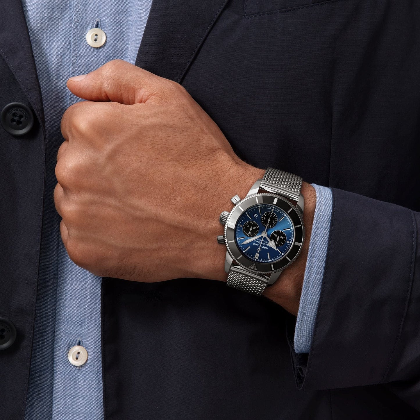 Breitling Superocean Heritage II Chronograph B01 44mm Watch Blue Dial with Black Subdials (Blackeye Blue)