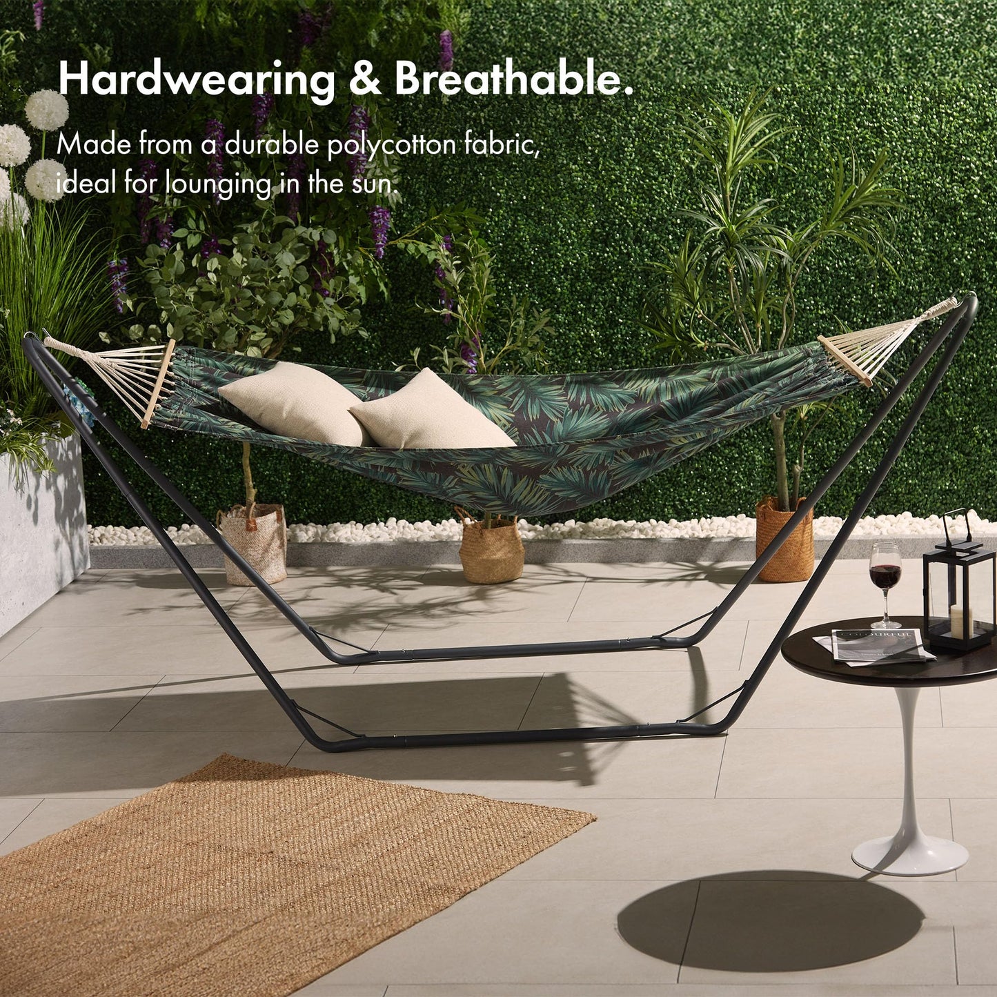 - VonHaus 1 Seater Hammock With Frame - Leaf Print 1 Person Garden Hammock with Stand -