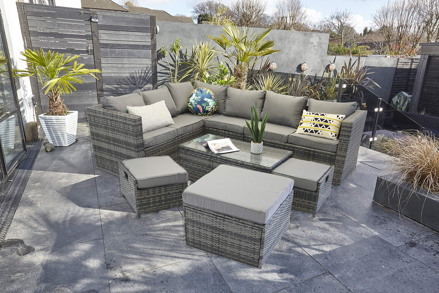 - Yakoe Vancouver 9 Seater Corner Rattan Garden Set In Grey With Fitting Cover