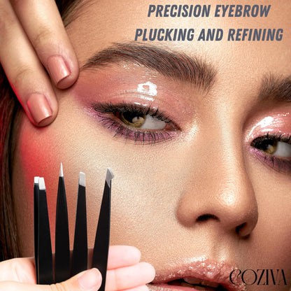 Coziva Professional Tweezers for Facial Hair Women & Men- 4 Pcs Precision Tweezer Set- Stainless Steel Eyebrow Tweezers Men - Ingrown Hair Tweezers for Facial Hair Removal & Grooming Needs