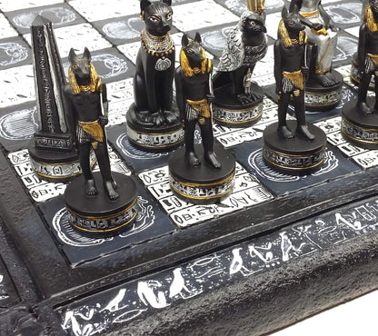 - HPL Egyptian Anubis Chess Set Black Silver and Gold Men | 16" Hieroglyphic Board -
