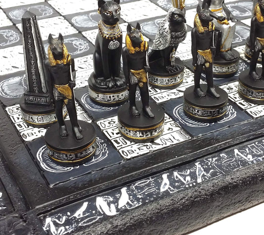 - HPL Egyptian Anubis Chess Set Black Silver and Gold Men | 16" Hieroglyphic Board -