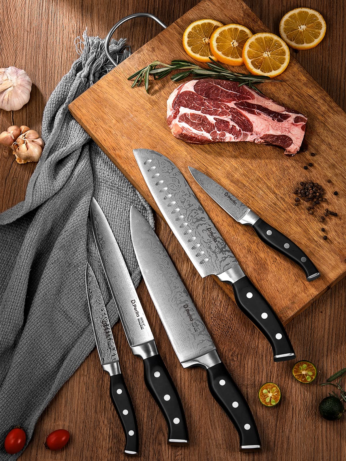 D.Perlla Knife Set, 14 Pieces Kitchen Knives Set with Self Sharpening Wooden Block, German Stainless Steel Knife Block Set with Steak Knives, Black