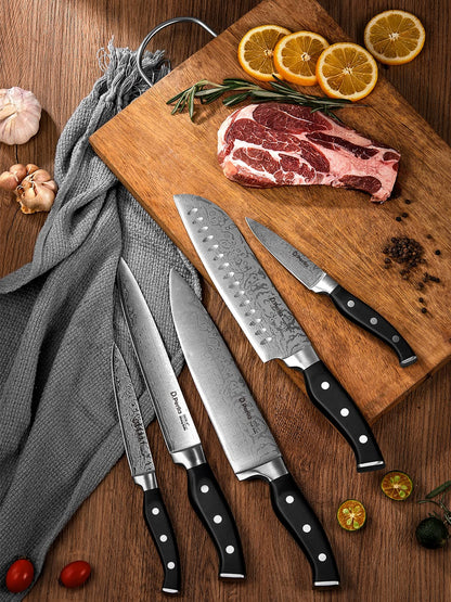 D.Perlla Knife Set, 14 Pieces Kitchen Knives Set with Self Sharpening Wooden Block, German Stainless Steel Knife Block Set with Steak Knives, Black
