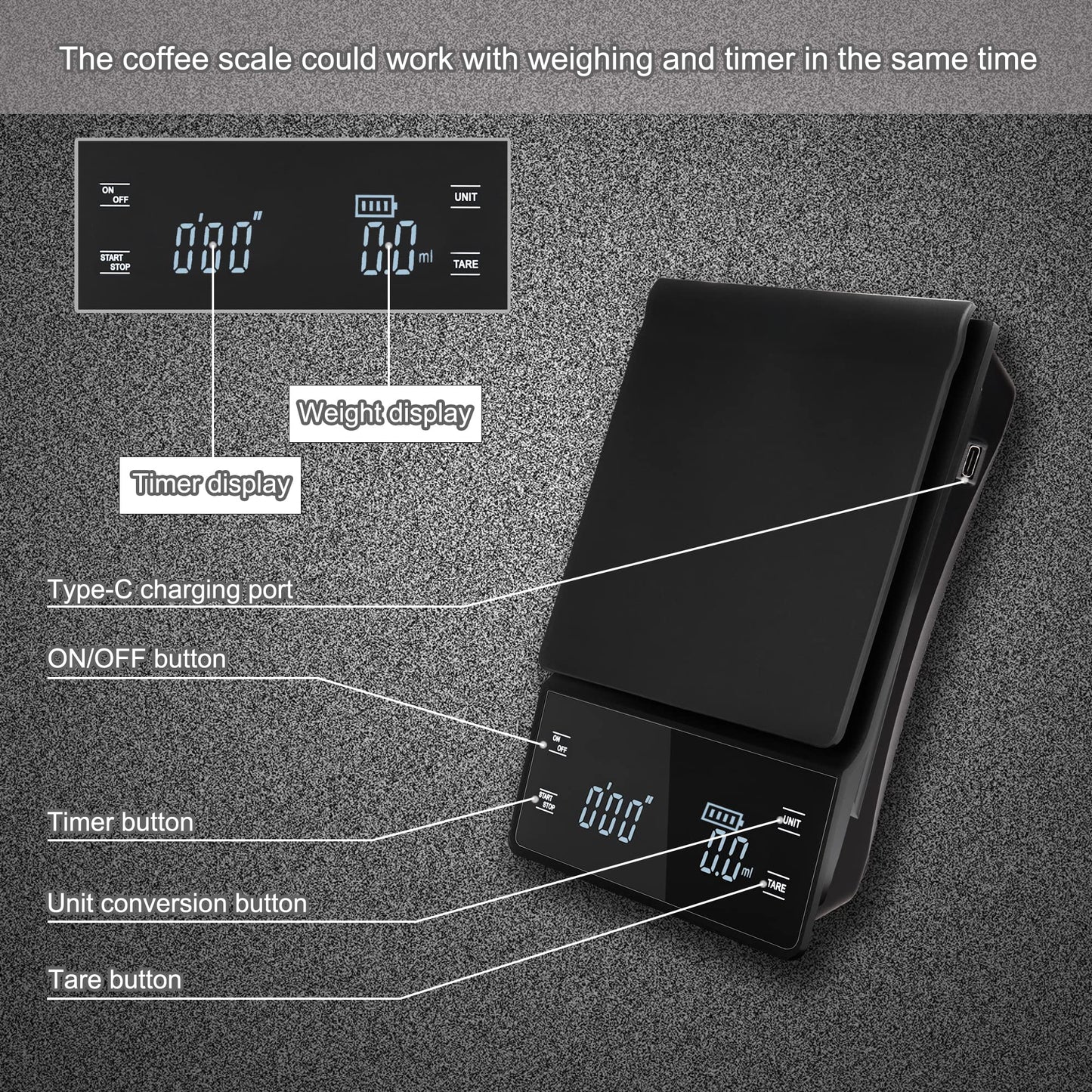 bemece Digital Coffee Scales with Timer,0.1g/3KG High Precision Kitchen Scale with Large LED Display,Waterproof Electronic Espresso coffee Weighing Scales(Type C charging cable)
